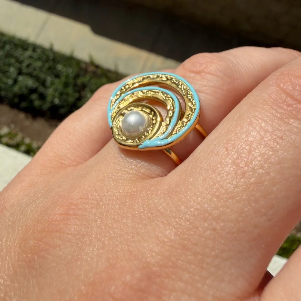Blue Spiral Ring with Pearl Accent